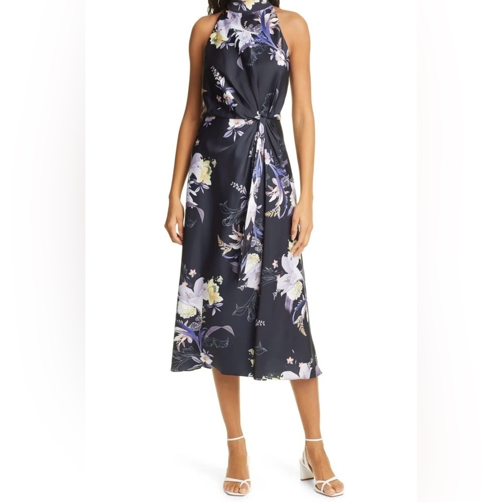 Ted Baker Dress Womens 6 Decadence Halter Black Floral Fit & Flare Sleeveless
